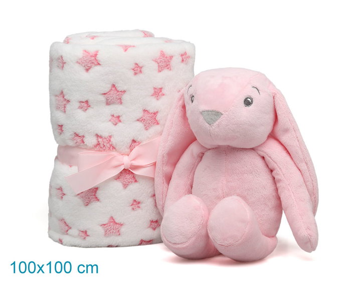 KioKids Conejo De Peluche Rosa Con Mantita De Estrellas Para Bebé Recién Nacido