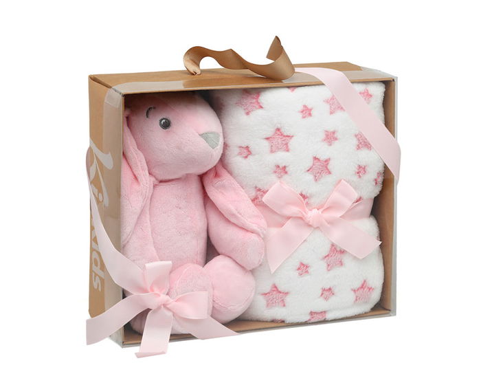 KioKids Conejo De Peluche Rosa Con Mantita De Estrellas Para Bebé Recién Nacido