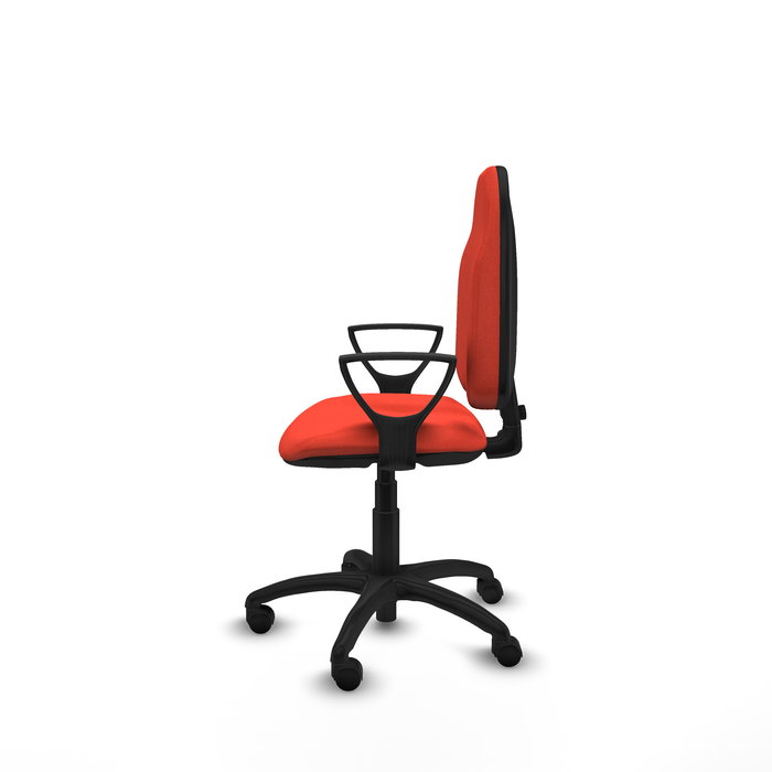 Silla de oficina Algarra con mecanismo Contacto permanente básico tapizada con Tela color Naranja oscuro. Equipada con Base poliamida negra, Brazos fijos y Ruedas de nailon 50 mm