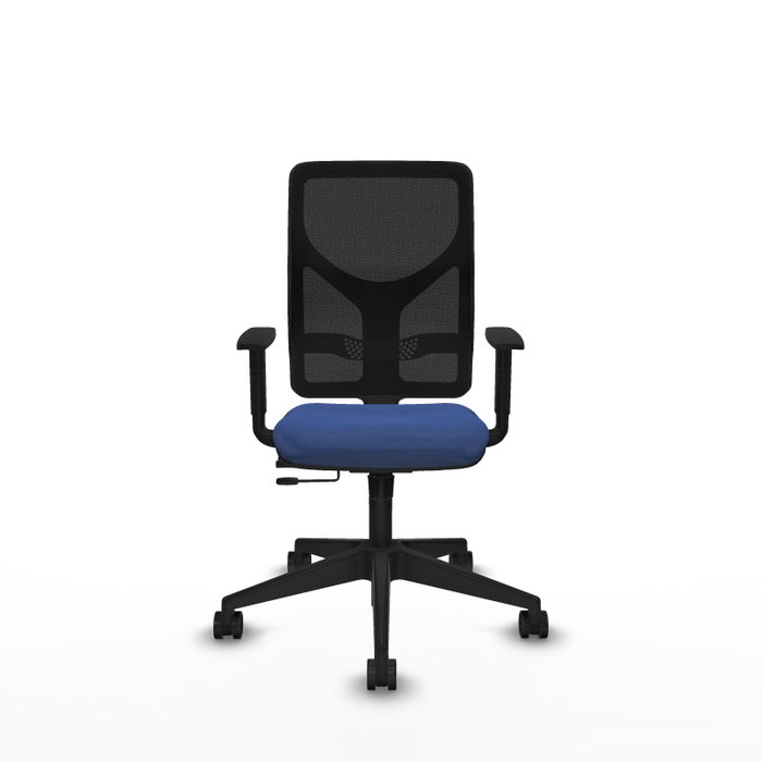 Silla de oficina Motilla con mecanismo Sincro/Traslack tapizada con Tela color Azul marino y malla color Negro. Equipada con lumbar 1D, Brazos 1D y Ruedas 65mm nailon