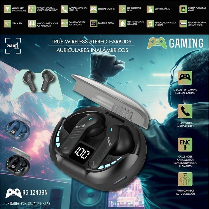 SAMI Auriculares Gaming Inalámbricos TWS, Silicona Negra, Pantalla LCD, Batería 40mAh