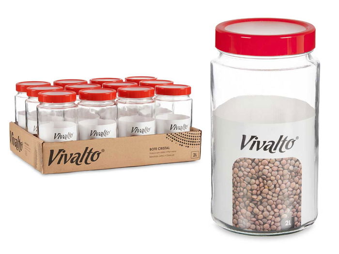 Vivalto Bote de Cristal Transparente con Tapa Roja de 2 L - Vidrio y Plástico (Polipropileno) - 11.5x21x11.5 cm (Set de 12)