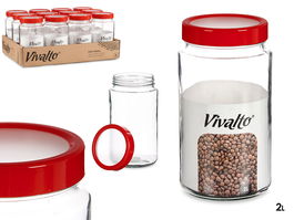 Vivalto Bote de Cristal Transparente con Tapa Roja de 2 L - Vidrio y Plástico (Polipropileno) - 11.5x21x11.5 cm (Set de 12)