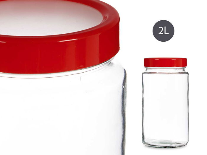 Vivalto Bote de Cristal Transparente con Tapa Roja de 2 L - Vidrio y Plástico (Polipropileno) - 11.5x21x11.5 cm (Set de 12)