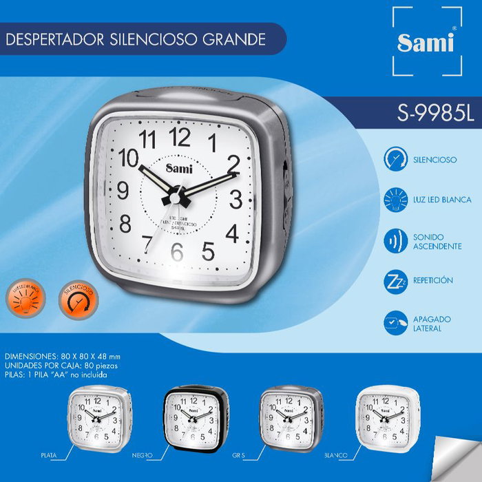 SAMI Despertador Grande Silencioso con Números Negros y Luz LED Blanca