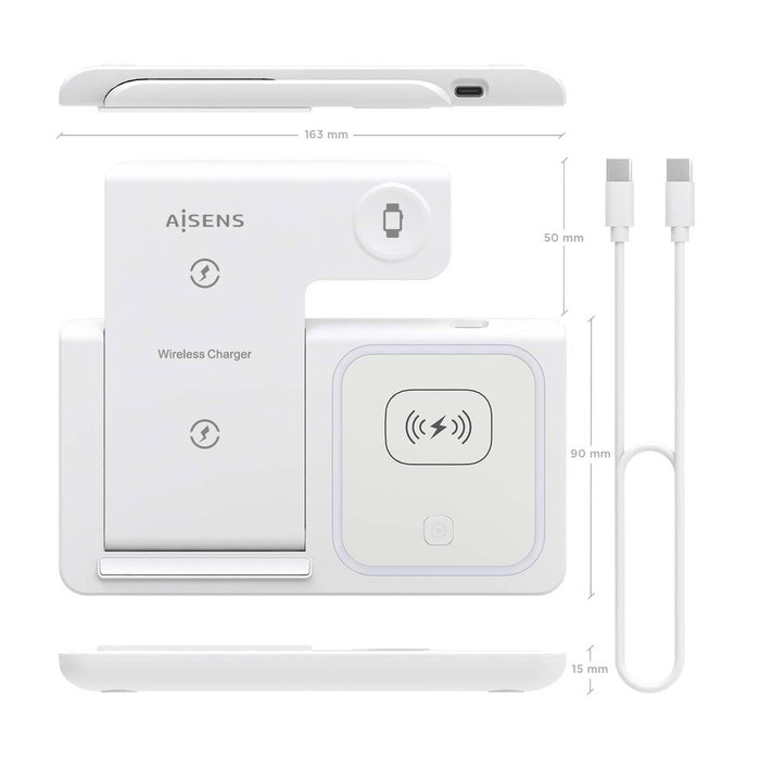 Aisens Cargador Inalámbrico 3 en 1 15W USB-C Blanco