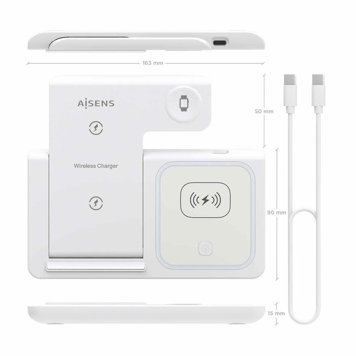 Aisens Cargador Inalámbrico 3 en 1 15W USB-C Blanco