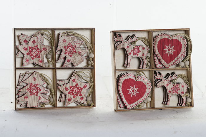 DKD Home Decor Set de 12 Decoraciones Colgantes Navidad Alpina Surtidas de MDF, Colores Marrón y Rojo, Medidas 13x13x2 cm