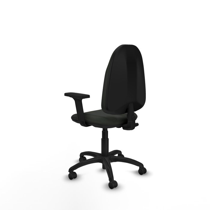 Silla de oficina Algarra con mecanismo Contacto permanente básico tapizada con Tela color Negro. Equipada con Base poliamida negra, Brazos 2D y Ruedas de parqué