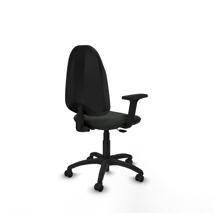 Silla de oficina Algarra con mecanismo Contacto permanente básico tapizada con Tela color Negro. Equipada con Base poliamida negra, Brazos 2D y Ruedas de parqué