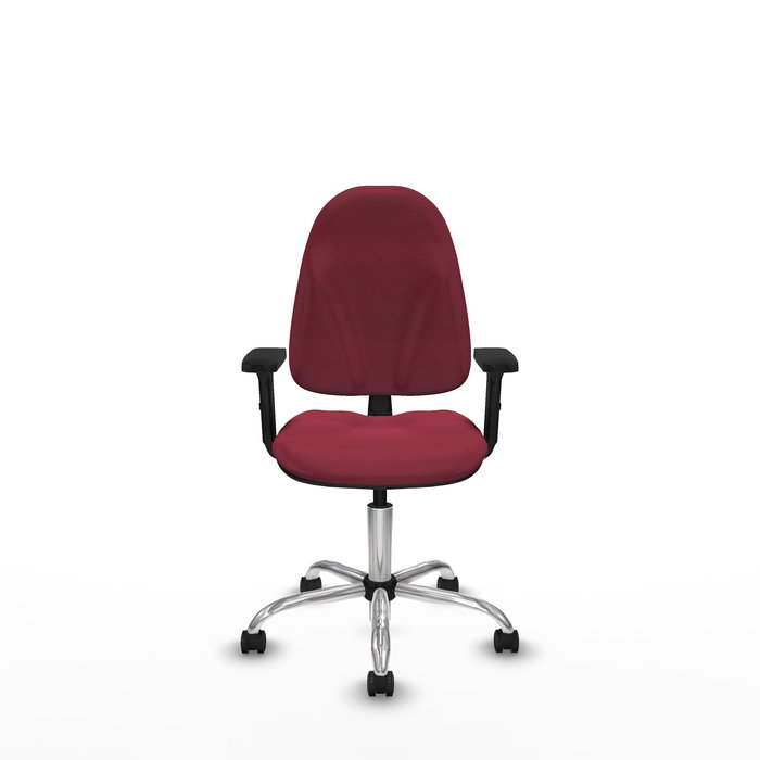 Silla de oficina Algarra con mecanismo Contacto permanente básico tapizada con Tela color Granate. Equipada con Base cromada, Brazos 2D y Ruedas autofrenantes