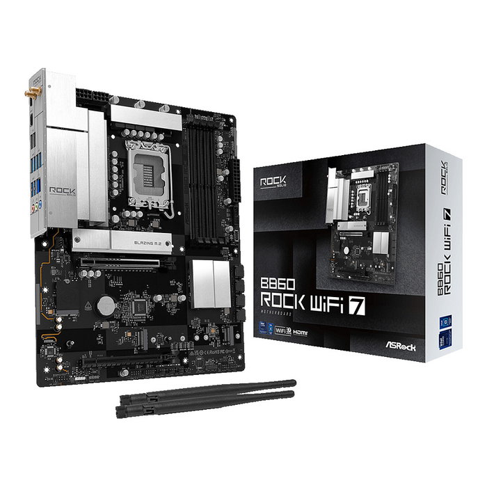 ASRock B860 Rock WiFi 7 ATX - Placa Base Intel LGA 1851 para Core Ultra Series 2, DDR5 8666 MHz, PCIe 5.0, 3x M.2, 2.5G LAN, Bluetooth 5.4 - Retail