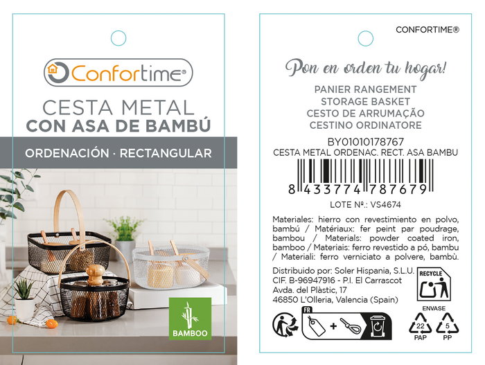 Confortime Cesta Organizadora Rectangular de Metal con Asa de Bambú 23.5 cm x 19 cm x 10.4 cm (12 Unidades) Confortime Cesta Organizadora Rectangular de Metal con Asa de Bambú 23.5 cm x 19 cm x 10.4 cm (12 Unidades)