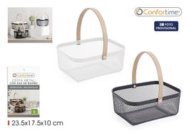 Confortime Cesta Organizadora Rectangular de Metal con Asa de Bambú 23.5 cm x 19 cm x 10.4 cm (12 Unidades)