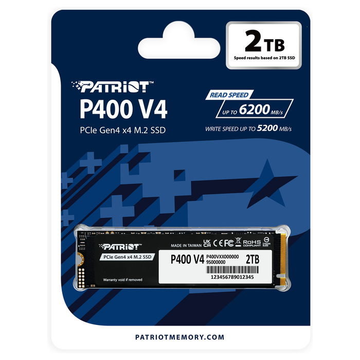 Patriot M.2 SSD 2TB P400 NVMe PCIe 4.0 PS1807 | Velocidad Lectura 6200 MB/s, Escritura 5200 MB/s, Heatsink incluido, factor forma 2280