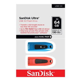 SanDisk Ultra USB 3.0 - Pack de 2 Memorias Flash de 64 GB (Azul y Rojo) - Velocidad Lectura 130 MB/s, Cifrado AES 128 bits, Software SecureAccess Incluido