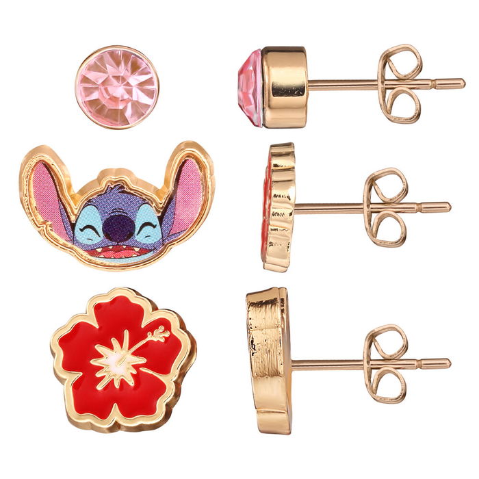 Disney Set 3 Pares de Pendientes Stitch Esmaltado Floral Piedras Rosas