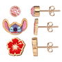 Disney Set 3 Pares de Pendientes Stitch Esmaltado Floral Piedras Rosas