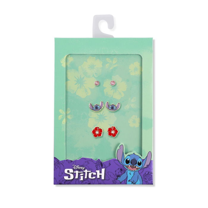 Disney Set 3 Pares de Pendientes Stitch Esmaltado Floral Piedras Rosas