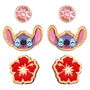 Disney Set 3 Pares de Pendientes Stitch Esmaltado Floral Piedras Rosas