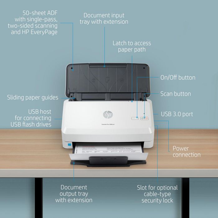 HP ScanJet Pro 3000 s4 - Escáner de alimentación de hojas, velocidad hasta 40 ppm/80 ipm, ADF 50 páginas, para 4000 páginas/día, software HP Scan incluido