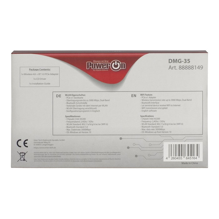 Inter-Tech DMG-35 Adaptador de Red Inalámbrico Interno PCIe, Wi-Fi 6, Bluetooth 5.0, 3000 Mbit/s, Doble Banda Inter-Tech DMG-35 Adaptador de Red Inalámbrico Interno PCIe, Wi-Fi 6, Bluetooth 5.0, 3000 Mbit/s, Doble Banda