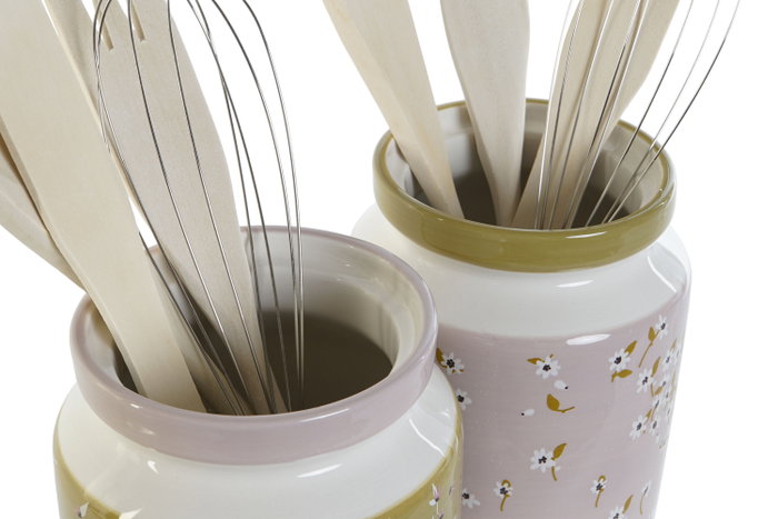 DKD Home Decor Set de 5 Botes de Utensilios de Dolomite, Verde y Lila