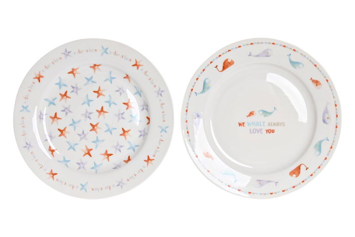 DKD Home Decor Ballenitas Vajilla Infantil Porcelana Apta Microondas Set 3 Piezas Multicolor Blanco 19 x 2 x 19 cm