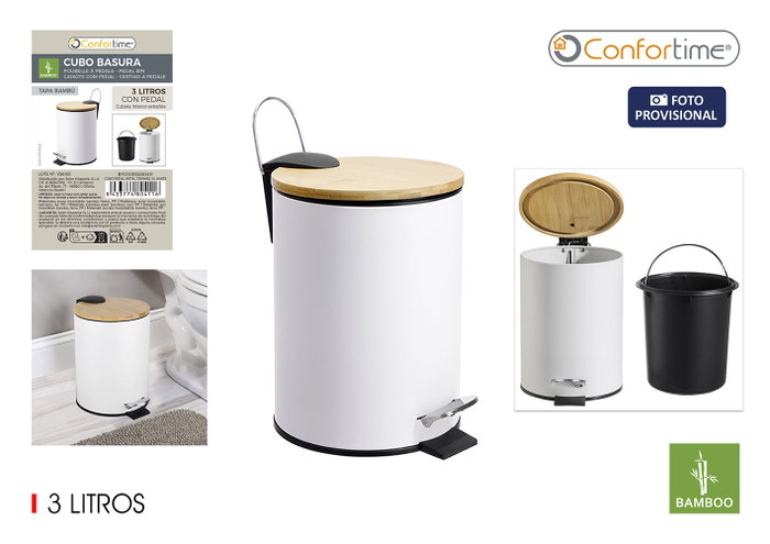 Confortime Cubo de Basura con Pedal de Metal y Bambú 3L Blanco Confortime Cubo de Basura con Pedal de Metal y Bambú 3L Blanco