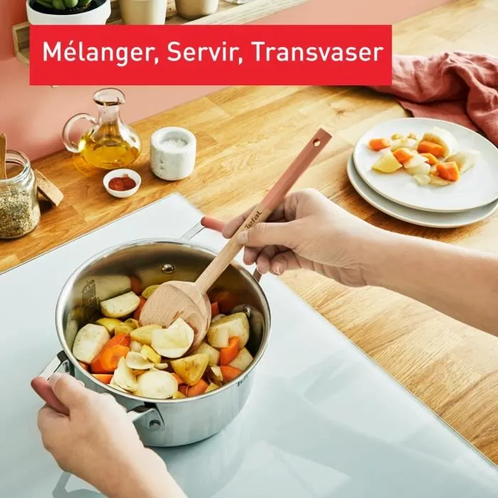 TEFAL Natura 5 utensilios de cocina de madera, Cuchara grande, Espátula biselada, Maryse, Cuchara pequeña, Porta utensilios K2705S04