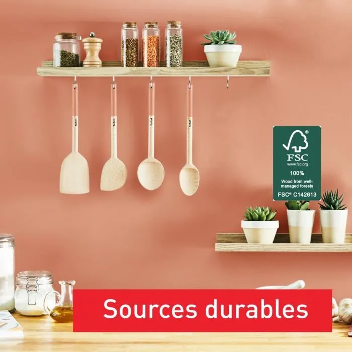 TEFAL Natura 5 utensilios de cocina de madera, Cuchara grande, Espátula biselada, Maryse, Cuchara pequeña, Porta utensilios K2705S04