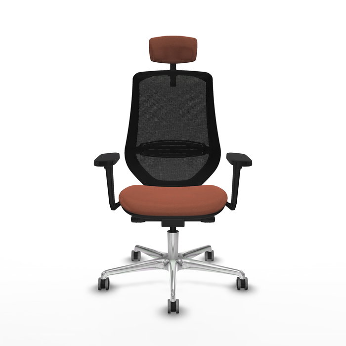 Silla de oficina Mardos con mecanismo Sincro/Traslack tapizada con Tela color Marrón y malla color Negro. Equipada con lumbar 1D, Brazos 3D, Cabecero 2D y Ruedas 65 mm parqué