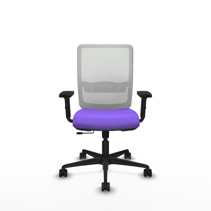Silla de oficina Haches con mecanismo Sincro/Traslack tapizada con Tela color Lila y malla color Blanco. Equipada con lumbar 1D, Brazos 2D y Ruedas 65mm nailon