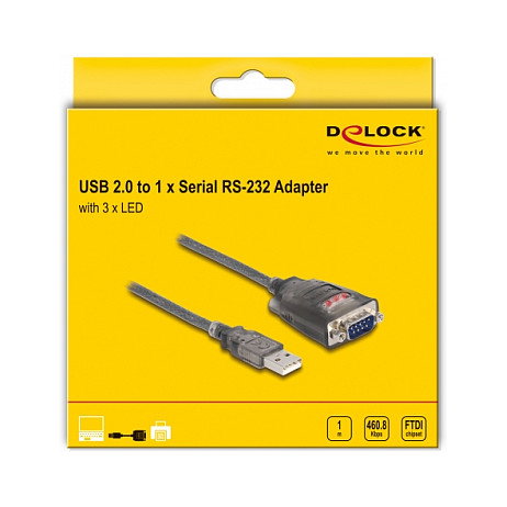 DeLOCK Adaptador USB 2.0 Tipo-A a Serial RS-232 D-Sub 9 pin con 3 LED, 1 m