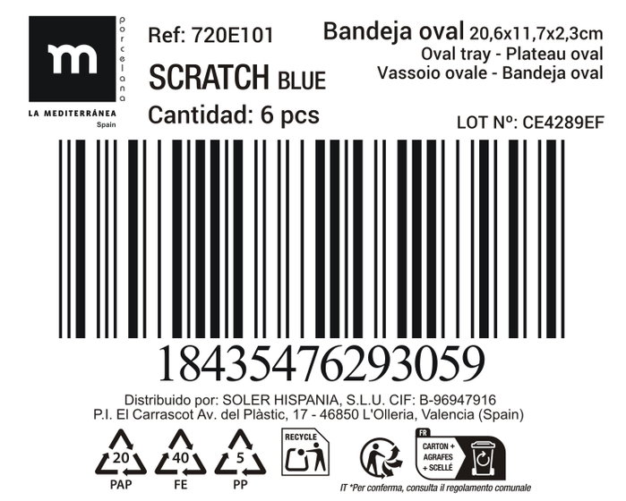 La Mediterranea Bandeja Oval Scratch Blue, 18 unidades