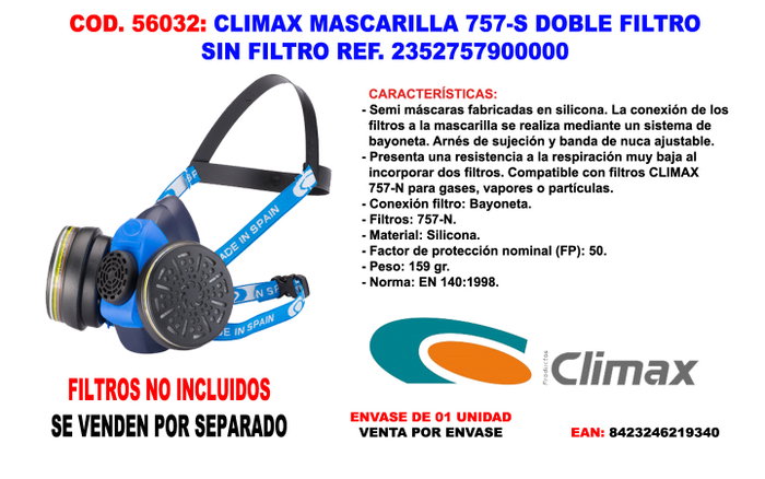 CLIMAX Mascarilla 757-S de Silicona con Doble Filtro CLIMAX Mascarilla 757-S de Silicona con Doble Filtro