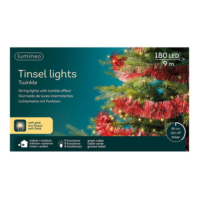 Lumineo Espumillón rojo con guirnalda LED intermitente de 9 m