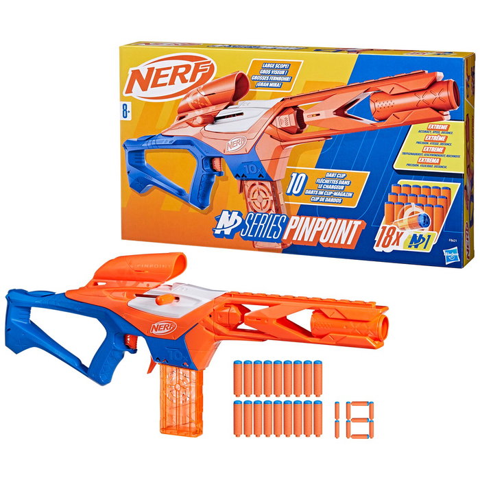 Hasbro Nerf N Series Pinpoint F8621 Pistola de Juguete con Mirilla y Cañón Extralargo, Lanzamiento por Bombeo, 10 Dardos