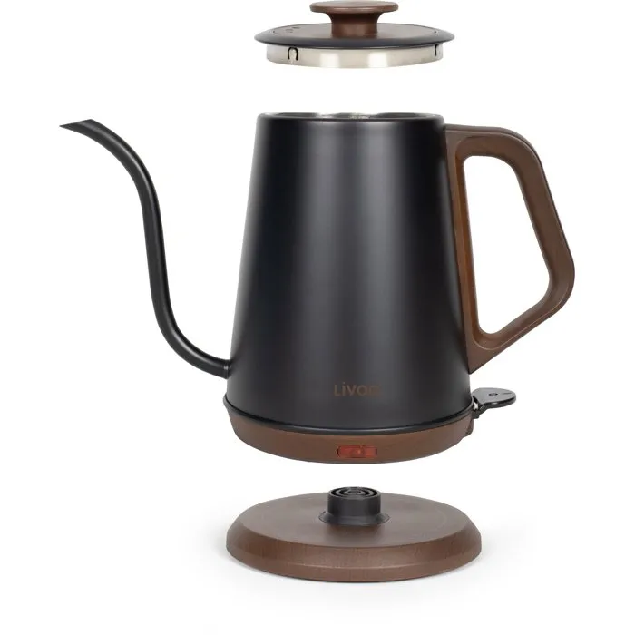 Livoo Hervidor Eléctrico DOD206, Cuello de Cisne, 1360W, 1L, Base Giratoria 360°, Color Negro/Marrón, para una Cocina Práctica y Eficiente