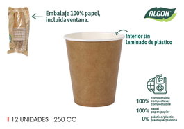 Algon Set 12 Vasos Cartón Kraft 250 cc 8x8x9 cm (20 Unidades)