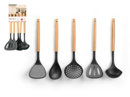 KINVARA Set de 5 Utensilios de Cocina PBT y Bambú Marrón