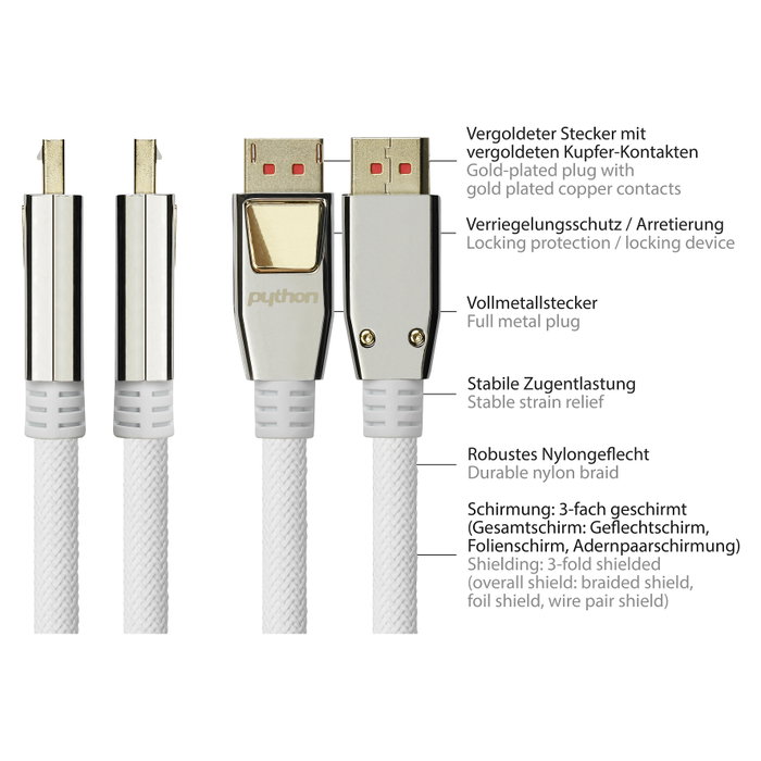 PYTHON Series Cable DisplayPort 1.4 a HDMI 2.0 de Nailon, Blanco, 1m
