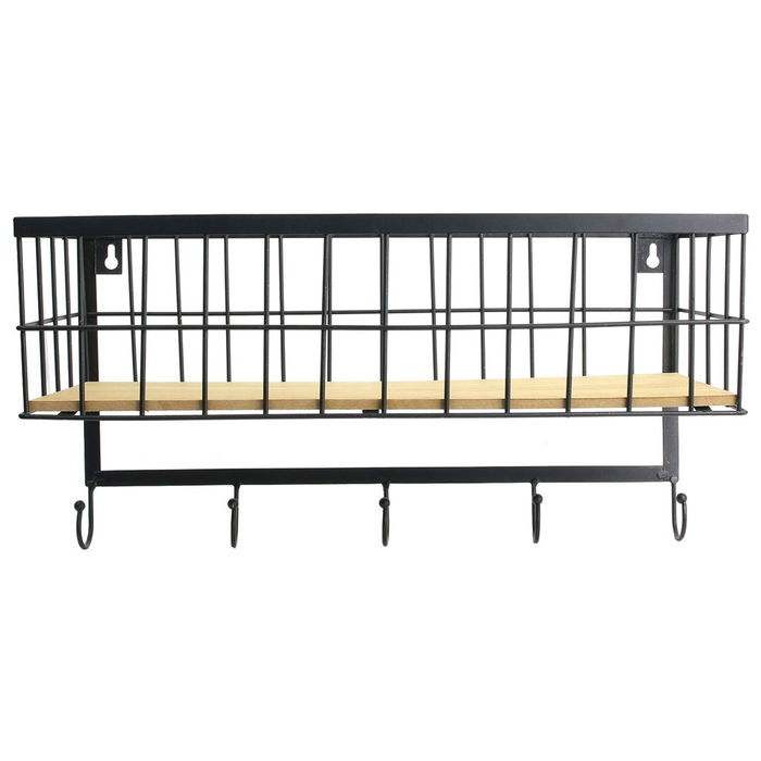 Home Deco Factory Cesto Pared Deco Filaire Madera y Metal con 5 Ganchos para Cocina y Hogar Estilo Industrial