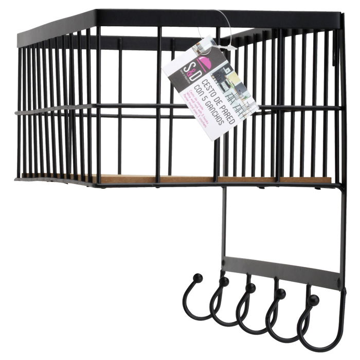 Home Deco Factory Cesto Pared Deco Filaire Madera y Metal con 5 Ganchos para Cocina y Hogar Estilo Industrial