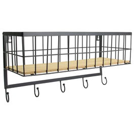 Home Deco Factory Cesto Pared Deco Filaire Madera y Metal con 5 Ganchos para Cocina y Hogar Estilo Industrial