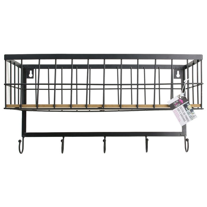 Home Deco Factory Cesto Pared Deco Filaire Madera y Metal con 5 Ganchos para Cocina y Hogar Estilo Industrial