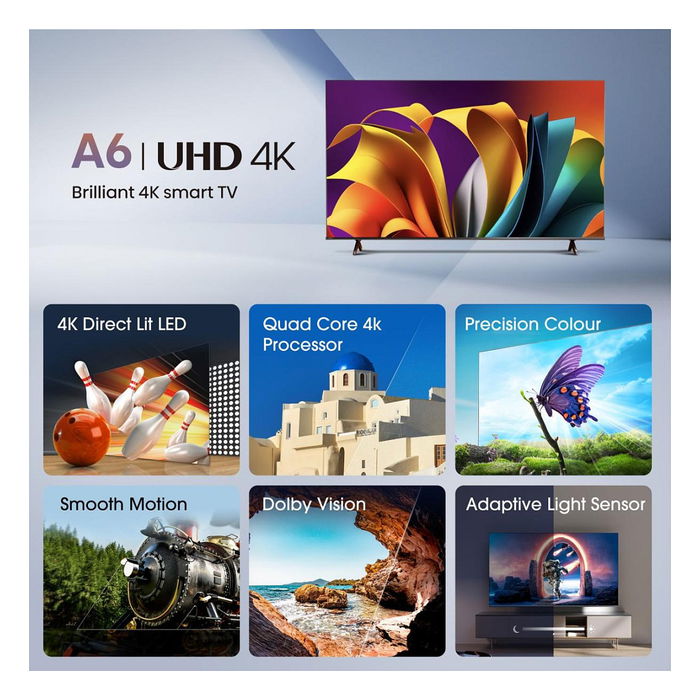 Hisense 43E6NT Smart TV LED 4K Ultra HD (109 cm/43") con HDR10+, Dolby Vision, WiFi, Bluetooth, VIDAA U7.6, 3x HDMI, Negro