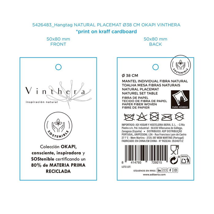 Mantel Individual 100% Fibra de Papel Okapi Vinthera 38 cm Mantel Individual 100% Fibra de Papel Okapi Vinthera 38 cm