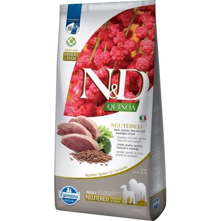 Farmina N&D Quinoa Pato, Brócoli y Espárragos Neutered Adulto Medium Maxi 12kg