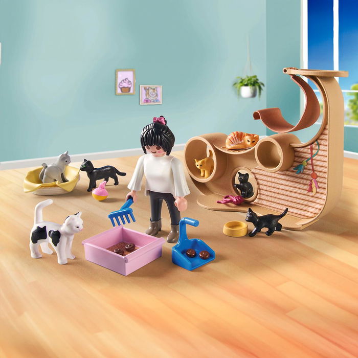 Playmobil Cafetería para Gatos 71744 con Muro de Escalada y Accesorios, Juego de Figuras para Niños +4 Años
